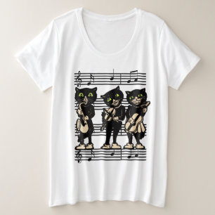 Three Black Cat Musicians Green eyes Musiknoten Große Größe T-Shirt