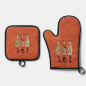 Three Boho Cats Orange Ofenhandschuh & Topflappen-Set (Vorderseite)