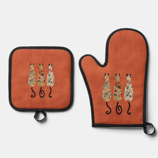 Three Boho Cats Orange Ofenhandschuh & Topflappen-Set (Vorderseite)
