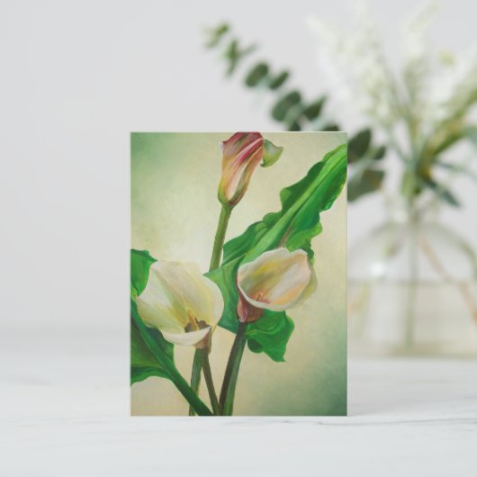 Three Calla Lilies Atemberaubend Botanical Acrylic Postkarte (Stehend Vorderseite)