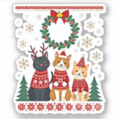 Three Cat Funny Christmas Cat Ugly Xmas Sweater Me Aufkleber (Vorderseite)