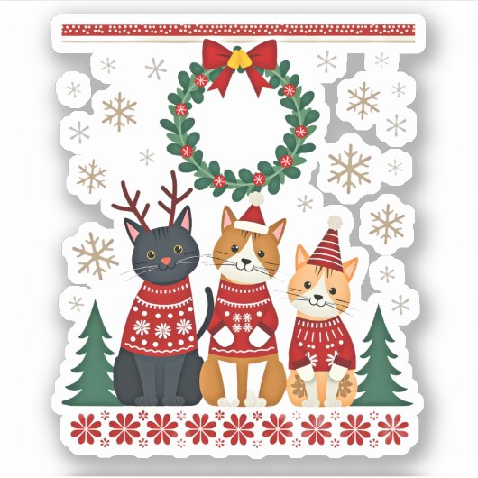 Three Cat Funny Christmas Cat Ugly Xmas Sweater Me Aufkleber (Vorderseite)