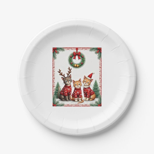 Three Cat Funny Christmas Cat Ugly Xmas Sweater Me Pappteller (Vorderseite)