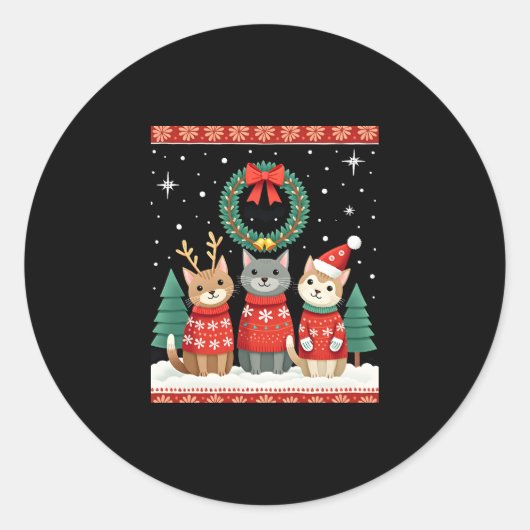 Three Cat Funny Christmas Cat Ugly Xmas Sweater Me Runder Aufkleber (Vorderseite)