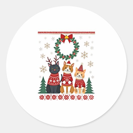 Three Cat Funny Christmas Cat Ugly Xmas Sweater Me Runder Aufkleber (Vorderseite)