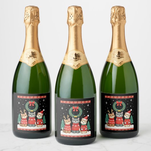 Three Cat Funny Christmas Cat Ugly Xmas Sweater Me Schaumweinetikett (Flaschen)