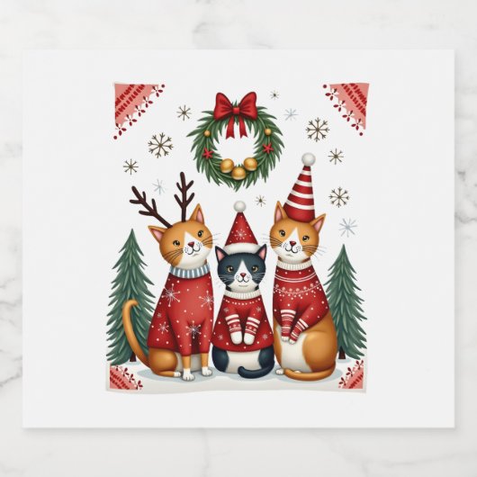 Three Cat Funny Christmas Cat Ugly Xmas Sweater Me Schaumweinetikett (Einzelnes Label)