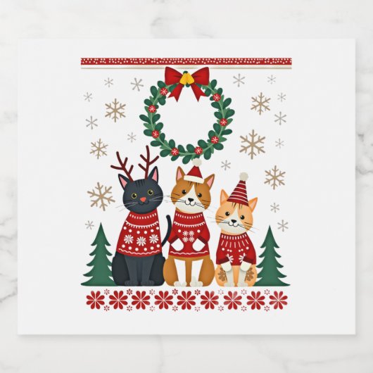 Three Cat Funny Christmas Cat Ugly Xmas Sweater Me Schaumweinetikett (Einzelnes Label)