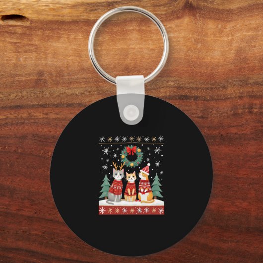Three Cat Funny Christmas Cat Ugly Xmas Sweater Me Schlüsselanhänger (Vorderseite)