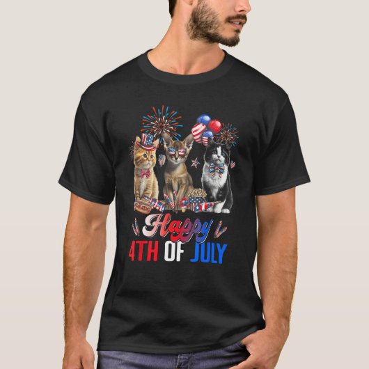 Three Cat Happy 4th Of July Balloon  Independence  T-Shirt (Vorderseite)