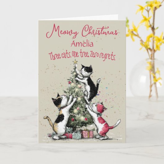 Three Cats Decorating A Tree Christmas Card Karte (Gelbe Blume)
