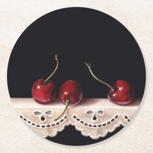 Three Cherries on lace Coaster Runder Pappuntersetzer (Vorderseite)