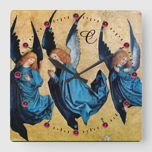 THREE CHRISTMAS ANGELS IN BLUE MONOGRAM QUADRATISCHE WANDUHR (Vorderseite)