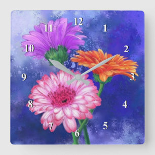 Three Color Gerberas Wall Clock - Painting Quadratische Wanduhr