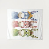 Three Colorful Cartoon Donkeys in Watercolor Style Wandteppich (Vorderseite (Horizontal))