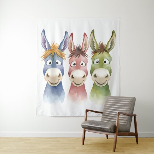 Three Colorful Cartoon Donkeys in Watercolor Style Wandteppich (Beispiel)
