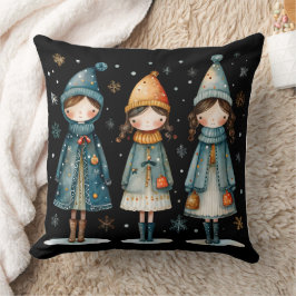 Three Cozy Girls in Snow Throw Pillow Kissen