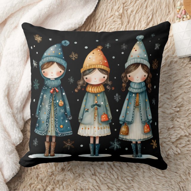 Three Cozy Girls in Snow Throw Pillow Kissen (Decke)