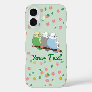 Three Cute Budgies Floral Cherry Blossom iPhone 16 Hülle