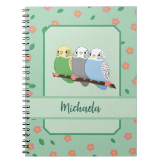 Three Cute Budgies Floral Cherry Spiral Notebook Notizblock