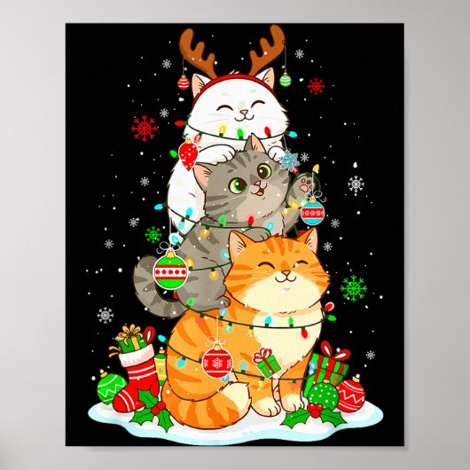 Three Cute Cats Reindeer Colorful Christmas Lights Poster (Vorne)