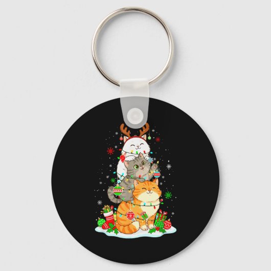 Three Cute Cats Reindeer Colorful Christmas Lights Schlüsselanhänger (Vorderseite)