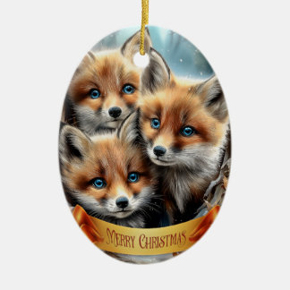 Three Cute Fox Cubs in Forest Keramik Ornament