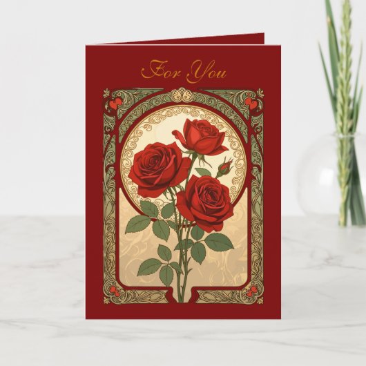 Three Deep Red Roses Art Nouveau Style Karte (Vorderseite)
