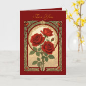 Three Deep Red Roses Art Nouveau Style Karte (Gelbe Blume)