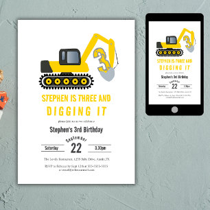 Three & Digging it Construction 3. Geburtstag Einladung