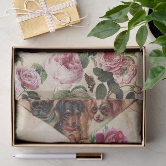 THREE DOGGIES WITH ROSES MONOGRAM SEIDENPAPIER (Geschenk)