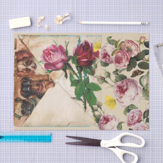 THREE DOGGIES WITH ROSES  MONOGRAM  SEIDENPAPIER (Handwerk)