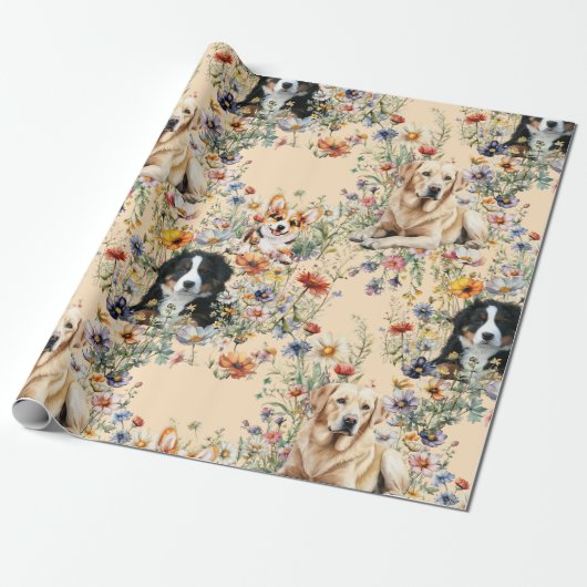 Three Dogs in Wildflowers Seamless  Geschenkpapier (Ungerollt)