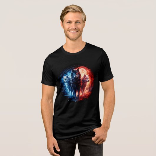 Three Elemental Wolves Under Full Moon Tri-Blend Shirt (Vorderseite voll)