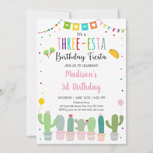 Three-esta Fiesta Cactus Girl Birthday Einladung (Vorderseite)