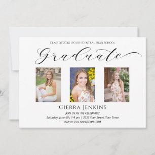 Three Foto Calligraphy White Graduation Party Inv. Einladung