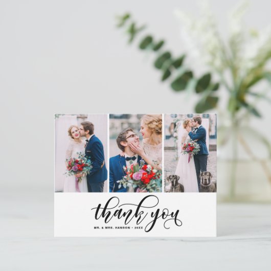 Three Foto Collage Vielen Dank Script Hochzeit Postkarte (Stehend Vorderseite)