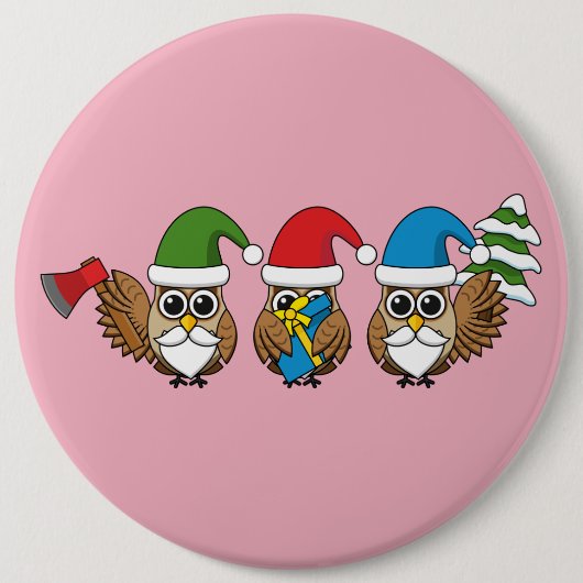 Three Funny Christmas Gnome Owls Button (Vorderseite)