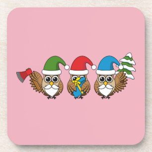 Three Funny Christmas Gnome Owls Getränkeuntersetzer