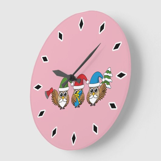 Three Funny Christmas Gnome Owls Große Wanduhr (Winkel)