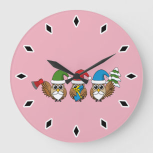 Three Funny Christmas Gnome Owls Große Wanduhr