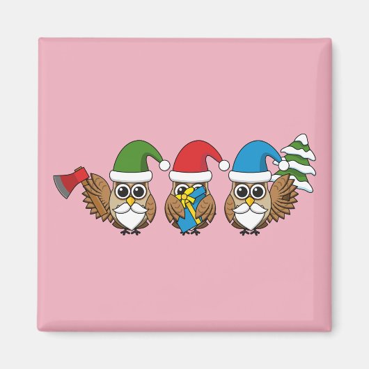 Three Funny Christmas Gnome Owls Magnet (Vorne)