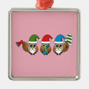 Three Funny Christmas Gnome Owls Ornament Aus Metall