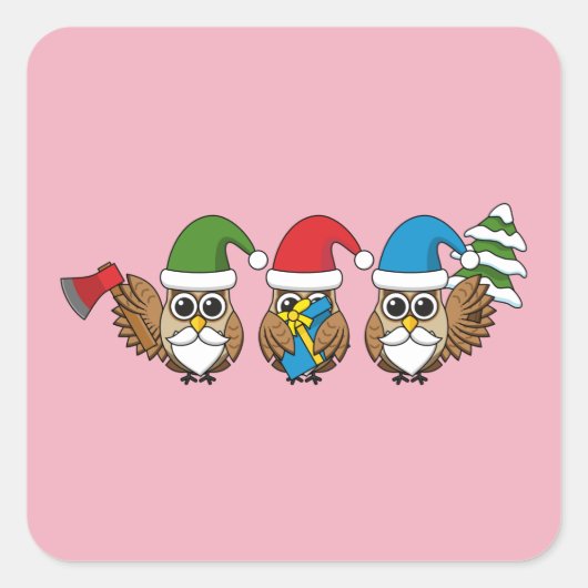 Three Funny Christmas Gnome Owls Quadratischer Aufkleber (Vorderseite)