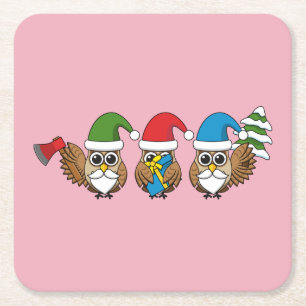 Three Funny Christmas Gnome Owls Rechteckiger Pappuntersetzer