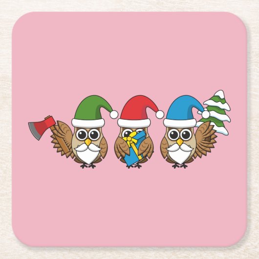 Three Funny Christmas Gnome Owls Rechteckiger Pappuntersetzer (Vorderseite)