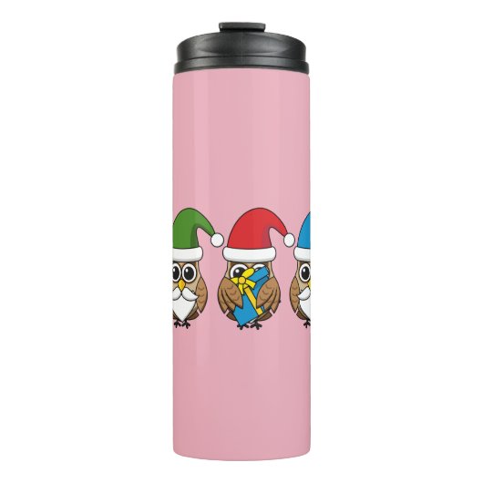 Three Funny Christmas Gnome Owls Thermosbecher (Vorderseite)