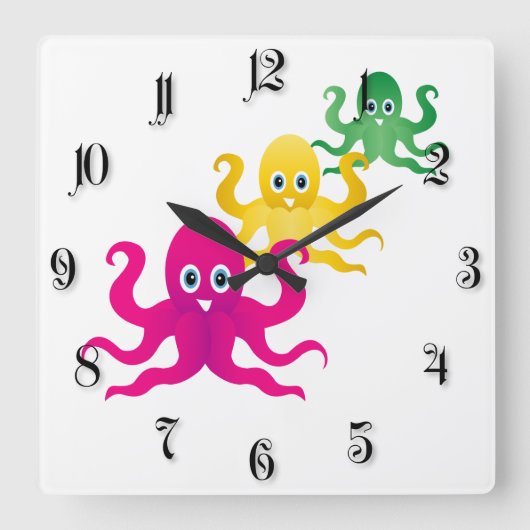 Three funny octopies quadratische wanduhr (Vorderseite)