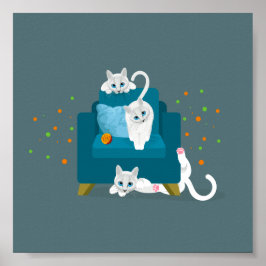 Three Geometric white cats playing around a chair Poster