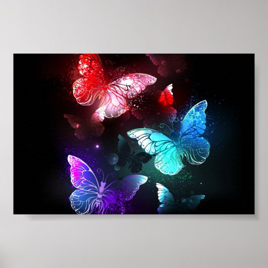 Three Glowing Butterflies on night background Poster (Vorne)